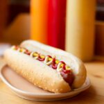 A classic hot dog in front of several bottles of condiments.