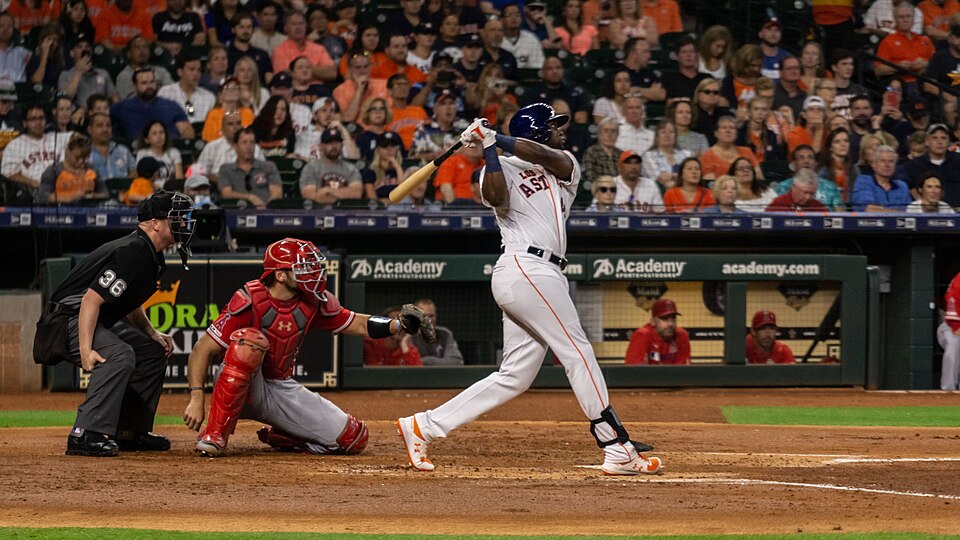 Yordan Alvarez of the Houston Astros watches the baseball sail away.