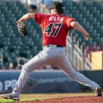 Cody Bolton pitching for the Indianapolis Indians during a 2022 game at Werner Park in Nebraska.