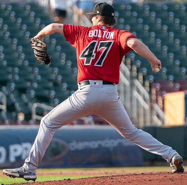 Cody Bolton pitching for the Indianapolis Indians during a 2022 game at Werner Park in Nebraska.
