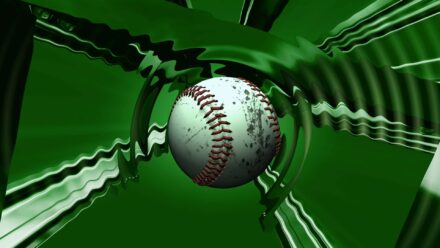 A baseball with a green background and ripples behind it.