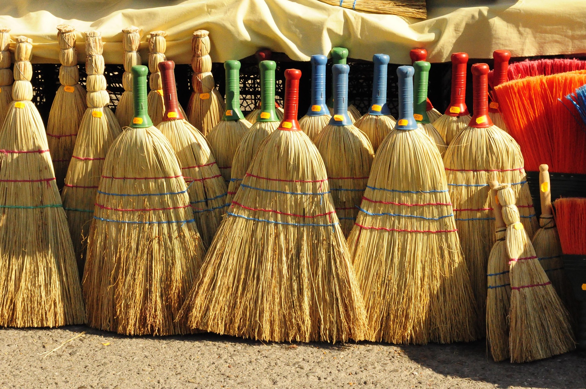 A collection of brooms with different-colored handles.