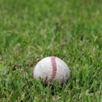 A single baseball rests alone in a field of grass.