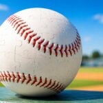 A baseball puzzle rests on a sunny baseball field.