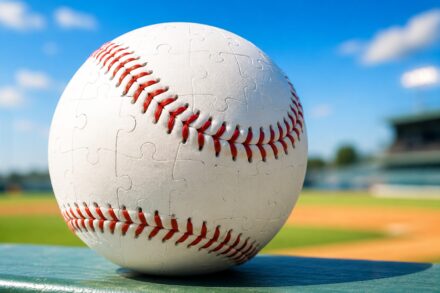 A baseball puzzle rests on a sunny baseball field.