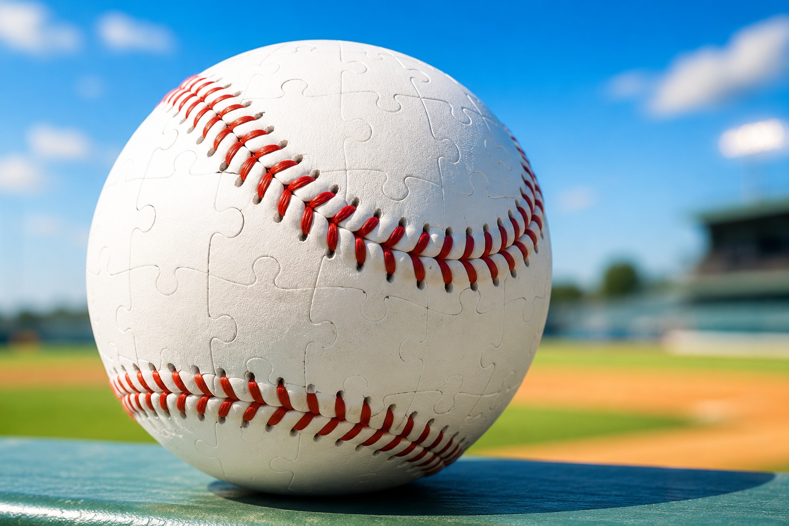 A baseball puzzle rests on a sunny baseball field.