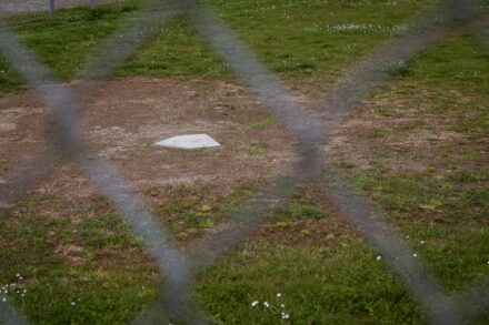 Through a chain-link fence, an empty home plate is visible.