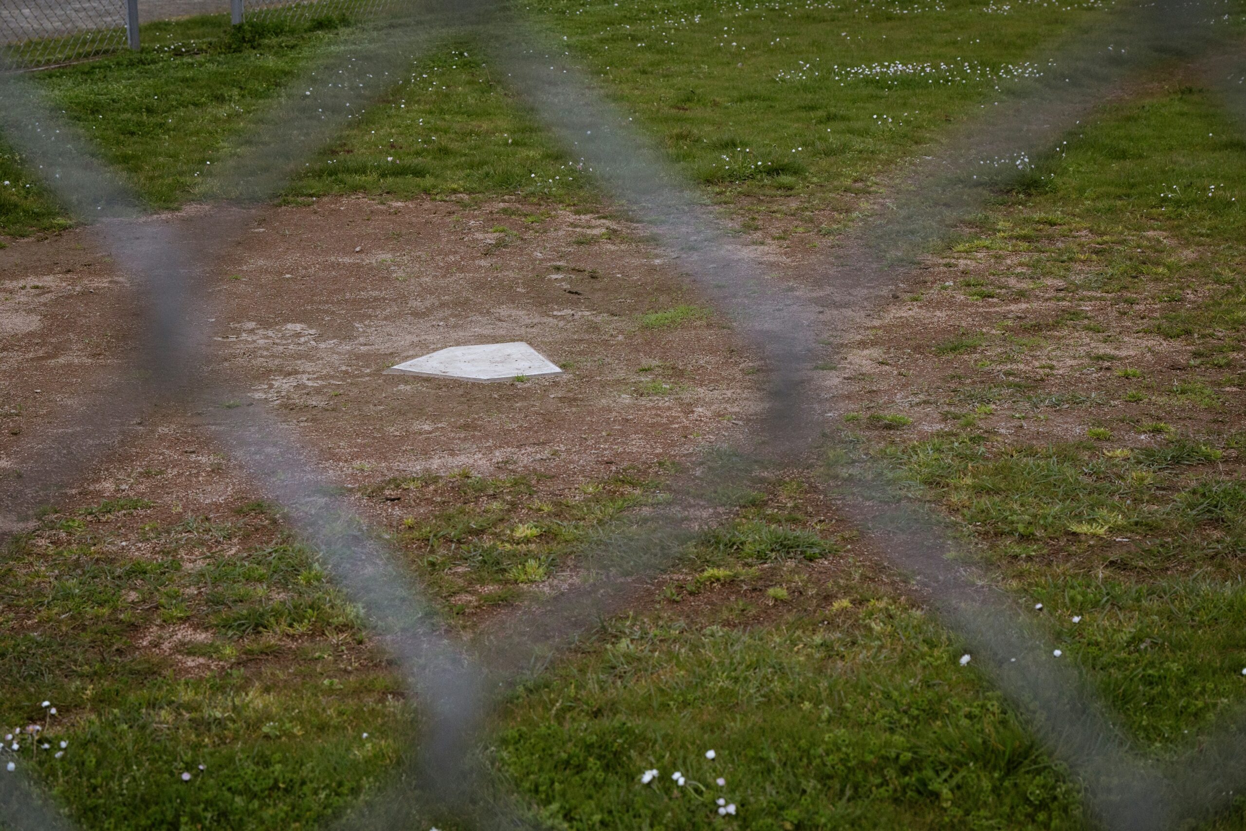 Through a chain-link fence, an empty home plate is visible.