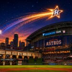 A shooting star lights up the sky over Daikin Park, home of the Houston Astros.