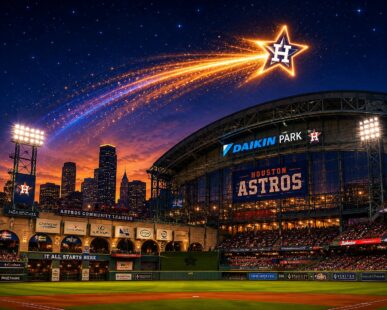 A shooting star lights up the sky over Daikin Park, home of the Houston Astros.