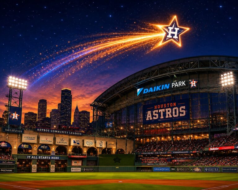 A shooting star lights up the sky over Daikin Park, home of the Houston Astros.