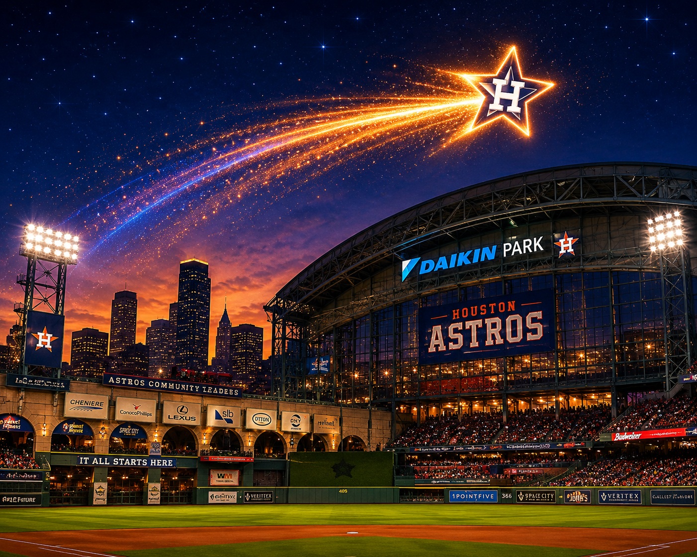 A shooting star lights up the sky over Daikin Park, home of the Houston Astros.