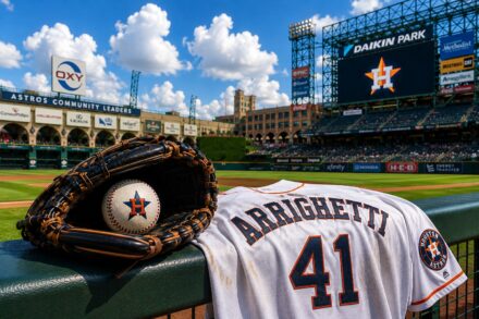 A pitcher's glove and baseball lie on a railing next to a jersey at Daikin Park.