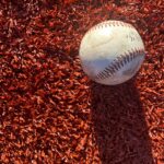 A baseball sits atop a spread of red mulch.