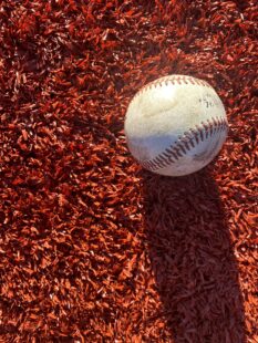 A baseball sits atop a spread of red mulch.