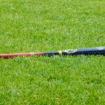 A baseball bat lays on the green grass of a field.