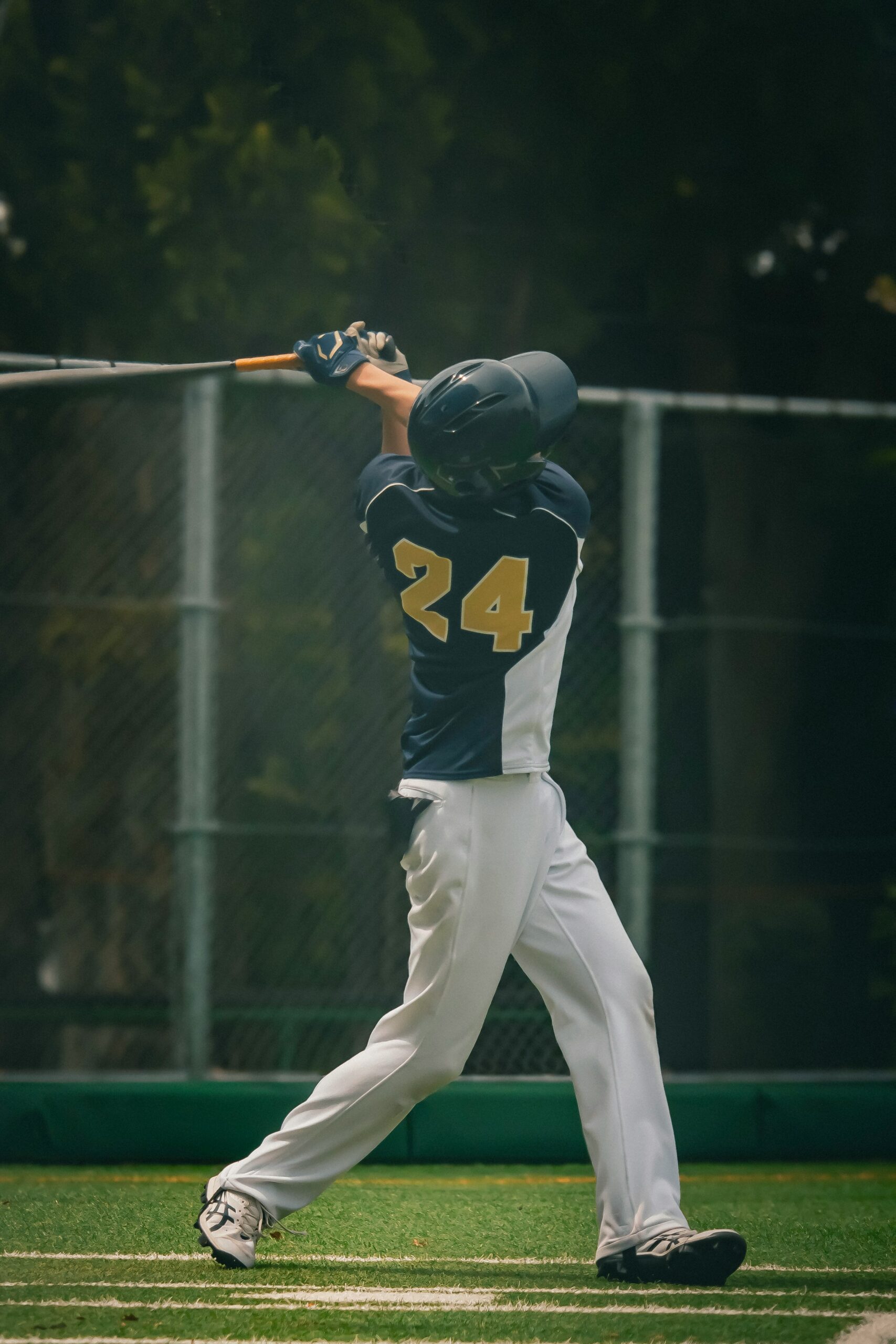 A batter after taking a swing at the ball.