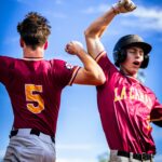Two baseball players raise their arms triumphantly.