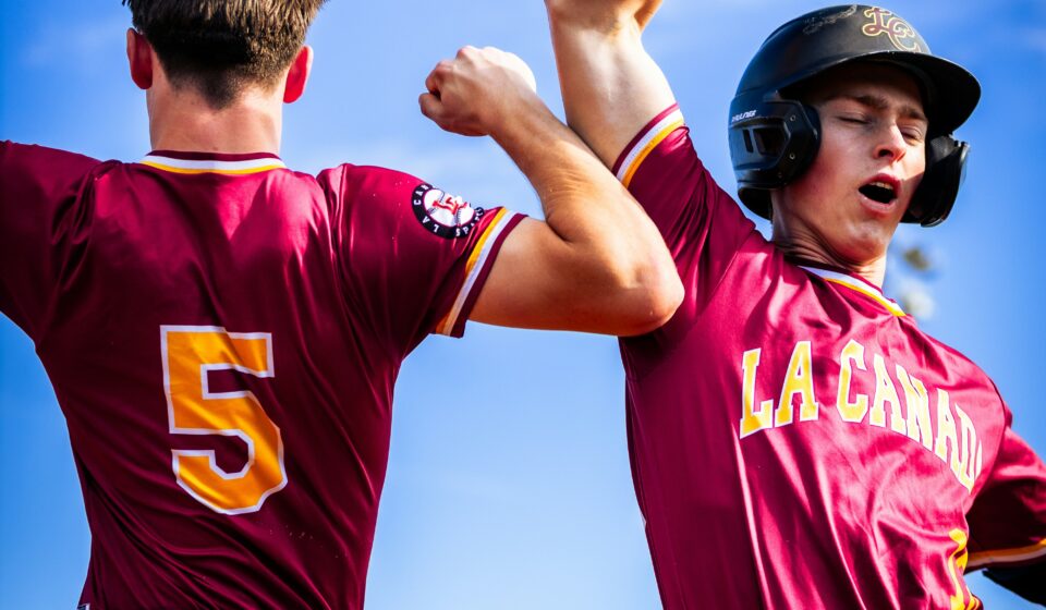 Two baseball players raise their arms triumphantly.