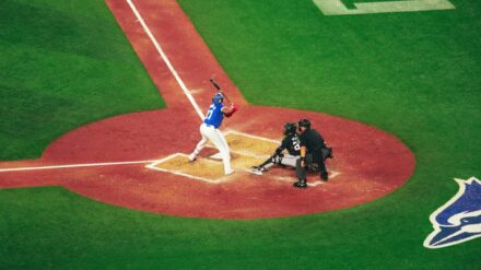 A batter awaits the next pitch at Rogers Centre, home of the Toronto Blue Jays.