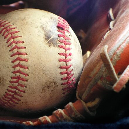 A smudged baseball rests in a baseball glove.
