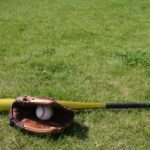 A baseball bat and mitt with a ball are on the grass.
