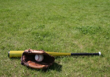 A baseball bat and mitt with a ball are on the grass.