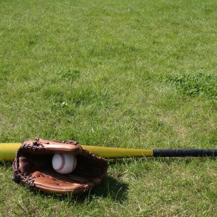 A baseball bat and mitt with a ball are on the grass.