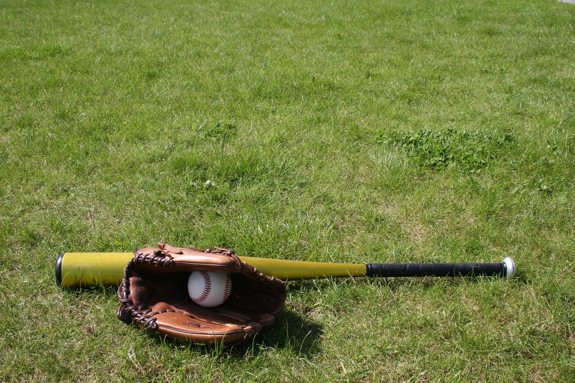 A baseball bat and mitt with a ball are on the grass.