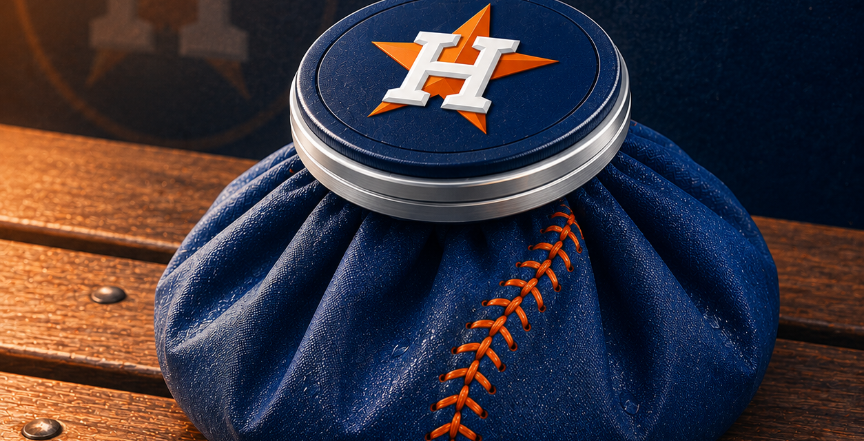 An icebag with an Astros logo on the cap rests on a bench.