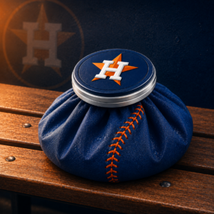 An icebag with an Astros logo on the cap rests on a bench.
