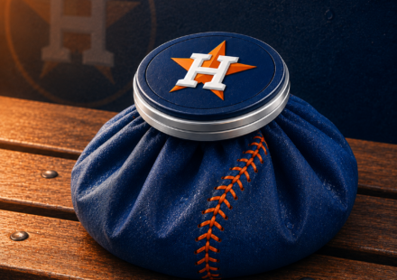 An icebag with an Astros logo on the cap rests on a bench.