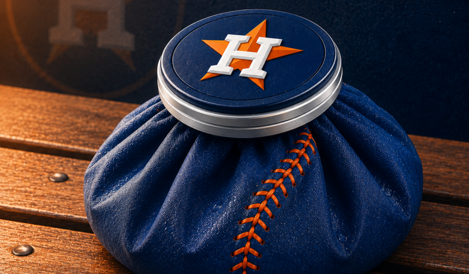 An icebag with an Astros logo on the cap rests on a bench.