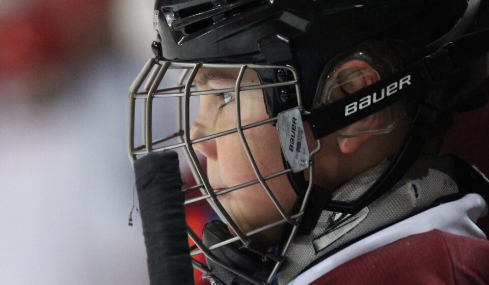 A baseball catcher looks out through his face mask.