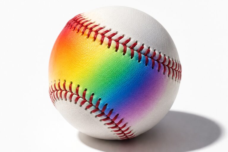 White baseball illuminated with a rainbow gradient on a white background for Astros Pride Night.
