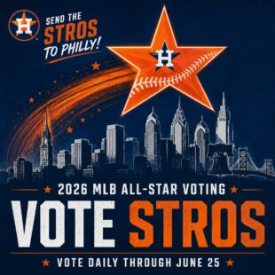 An orange Astros star is shooting over the Philadelphia skyline.