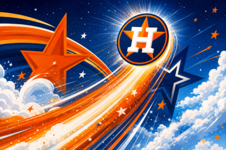 The Houston Astros logo floats amongst the clouds and stars.
