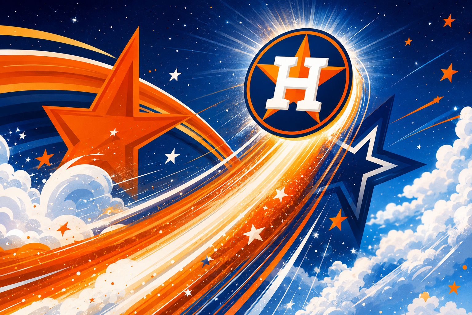 The Houston Astros logo floats amongst the clouds and stars.