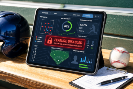 Baseball dugout tablet displaying a disabled analytics feature alongside a batting helmet, baseball and lineup card.