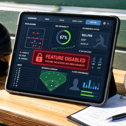 Baseball dugout tablet displaying a disabled analytics feature alongside a batting helmet, baseball and lineup card.