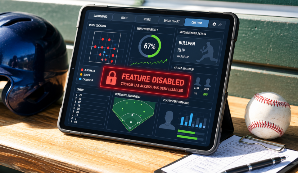 Baseball dugout tablet displaying a disabled analytics feature alongside a batting helmet, baseball and lineup card.