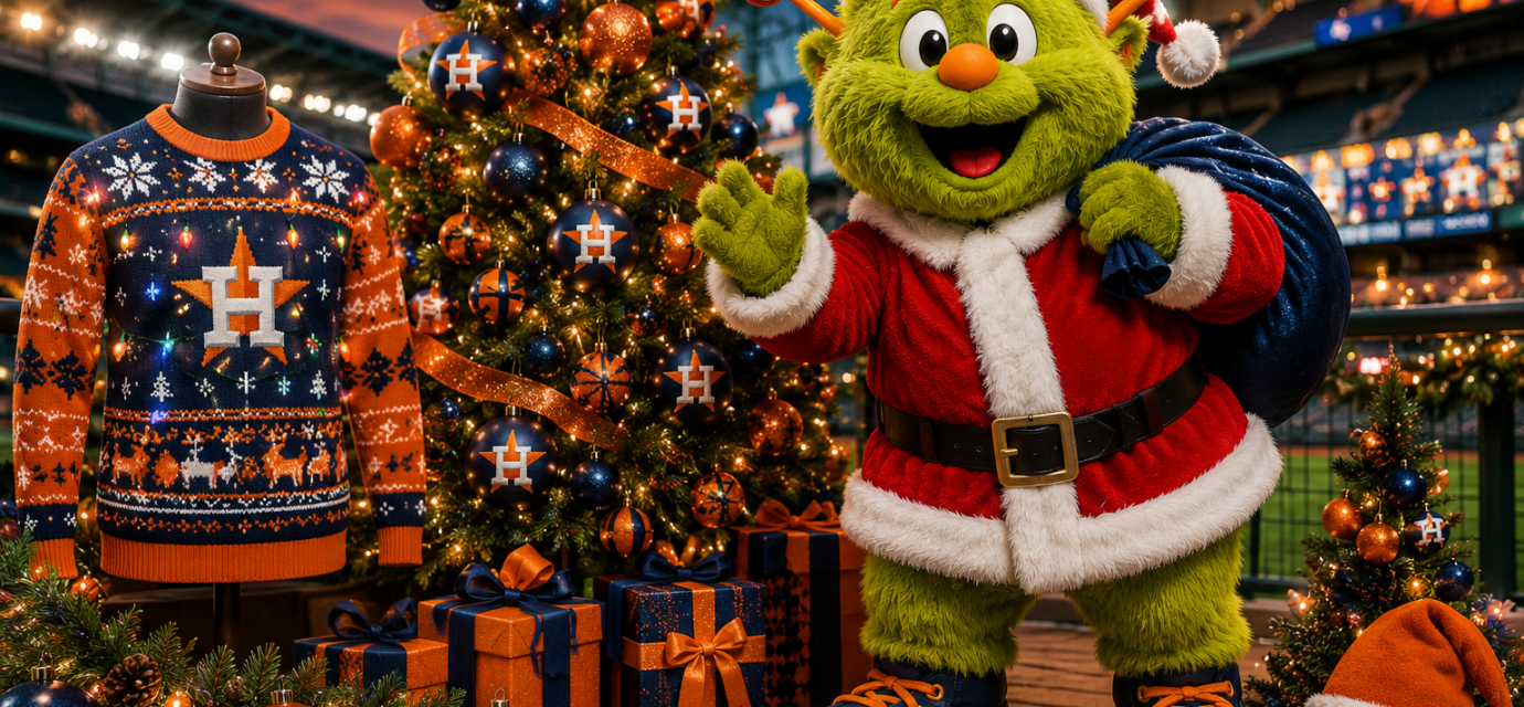 Orbit dressed as Santa in front of an Astros Christmas tree and ugly sweater.