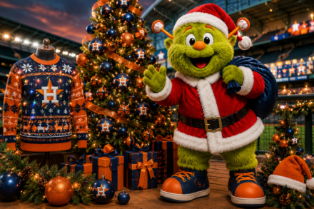 Orbit dressed as Santa in front of an Astros Christmas tree and ugly sweater.