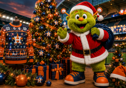 Orbit dressed as Santa in front of an Astros Christmas tree and ugly sweater.