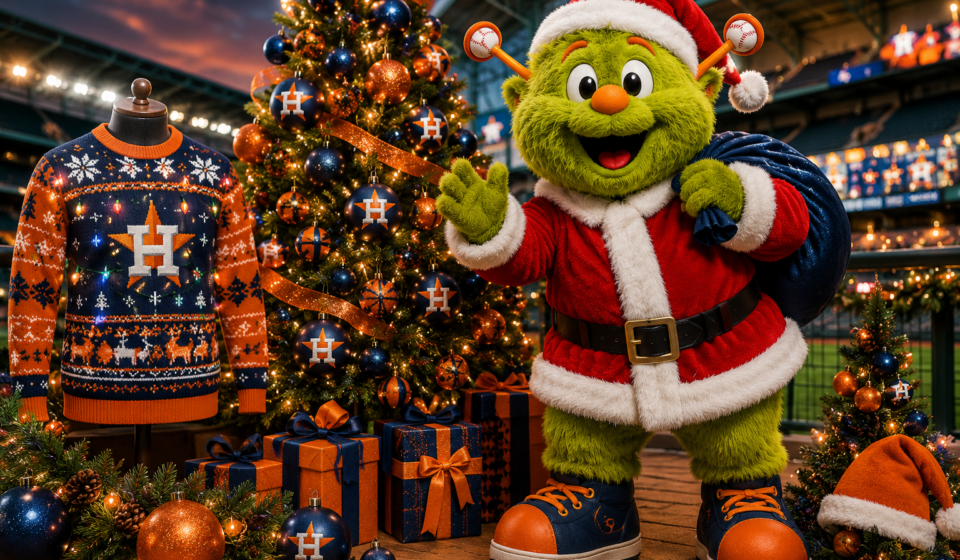 Orbit dressed as Santa in front of an Astros Christmas tree and ugly sweater.