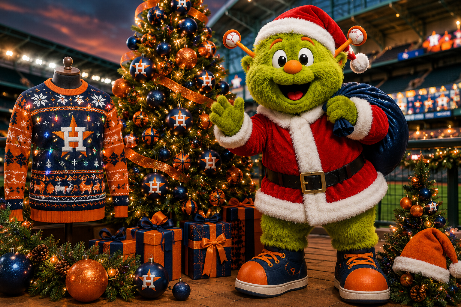 Orbit dressed as Santa in front of an Astros Christmas tree and ugly sweater.