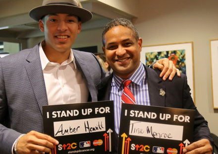Carlos Correa and Roberto Clemente Jr. Stand Up To Cancer at the 2015 World Series.