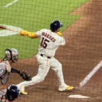 Isaac Paredes lets fly with his bat at Daikin Park.