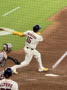 Isaac Paredes lets fly with his bat at Daikin Park.