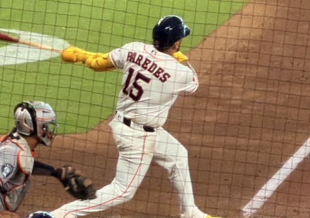 Isaac Paredes lets fly with his bat at Daikin Park.